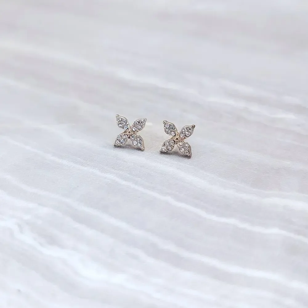 Gold Tone Flower with Clear Gems Dainty Small Stud Earrings